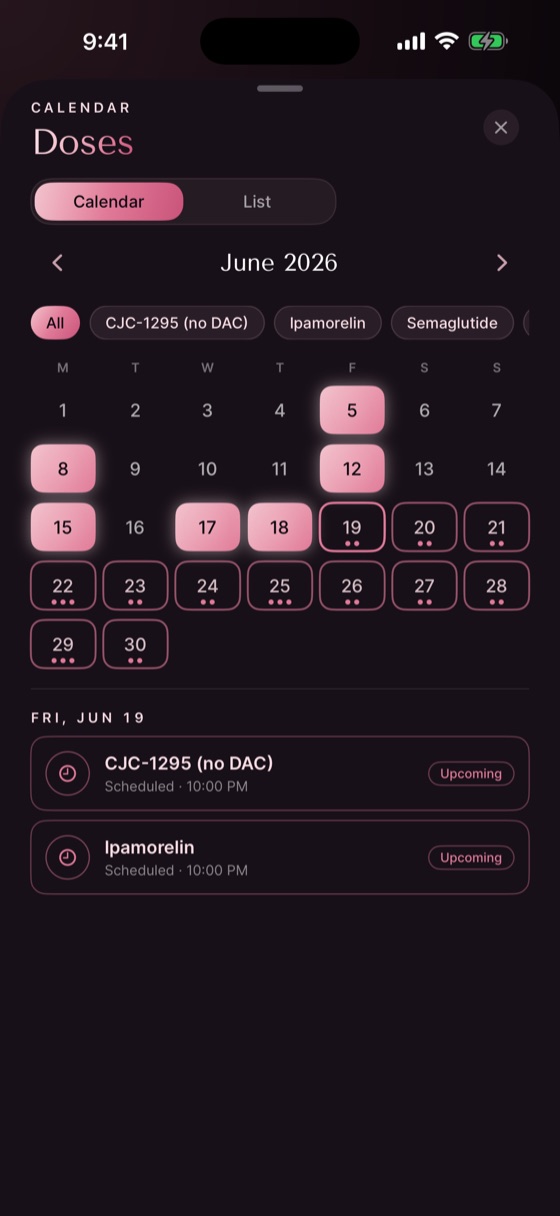 Dose calendar for June with logged and upcoming days highlighted, and an upcoming-doses list below.
