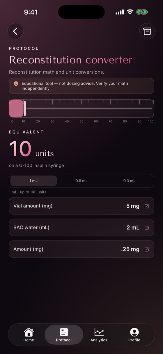 Reconstitution converter showing a live U-100 syringe with the equivalent units to draw for a given vial and dose.