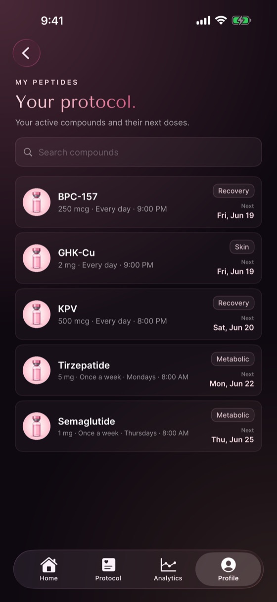 My Peptides screen listing active compounds — BPC-157, GHK-Cu, KPV, Tirzepatide, Semaglutide — each with its schedule and next dose.